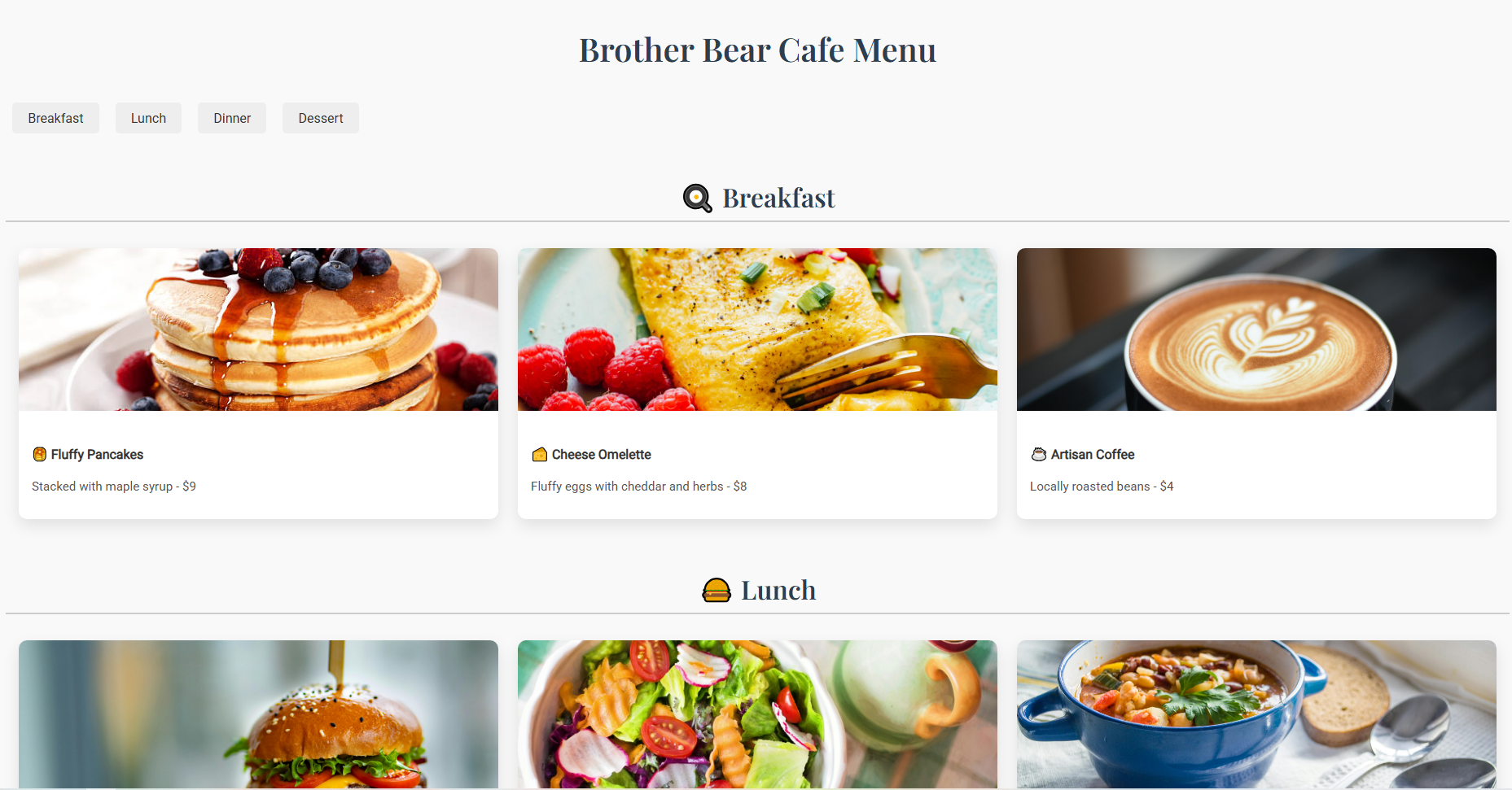 Restaurant website with menu sections and downloadable PDF