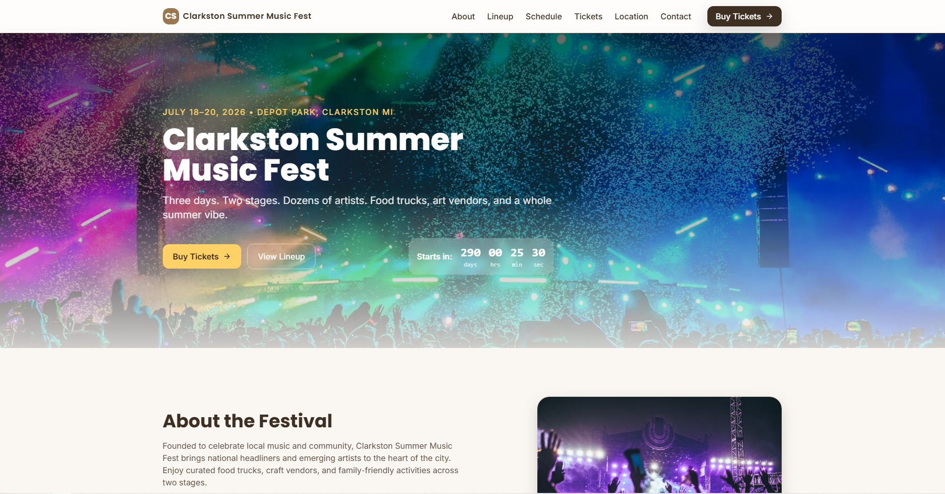 Music festival landing page with schedule and ticket CTA